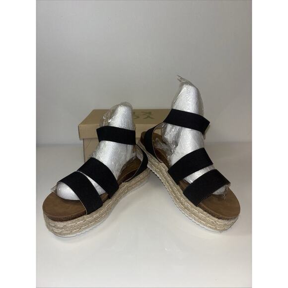 NWT Yoki Womens Black Beige Tan Ankle Strap Sandals Sz 5 Neutral Chunky Platform - Picture 3 of 7